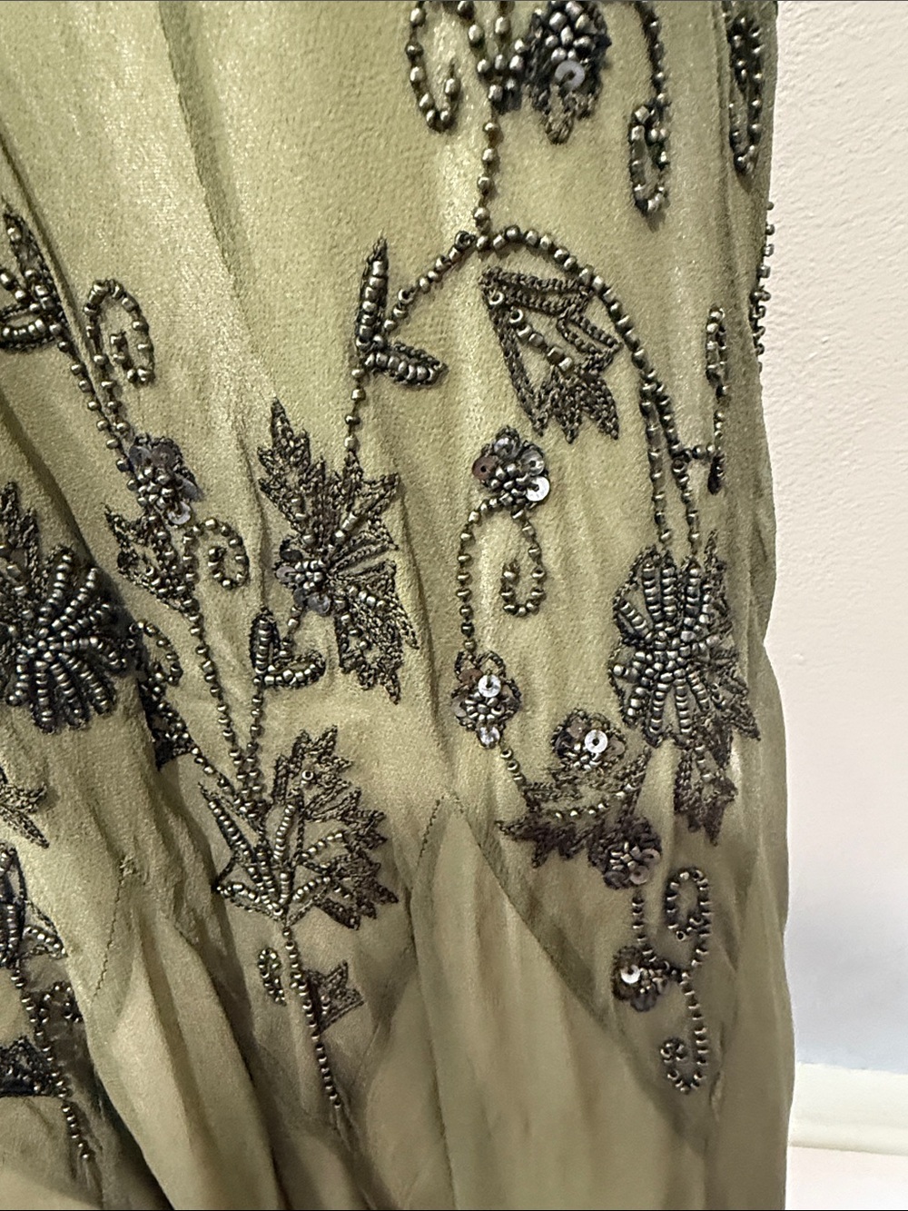 Papell Boutique Vintage Olive Green Embroidered V-Neck Midi Dress Size 8 Petite - Picture 7 of 14